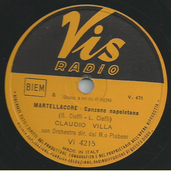 Claudio Villa con Orchestra dir. dal M. o Piubeni - Luna Rossa - Canzone napoletana / Martellacore - Canzone napoletana