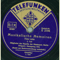 Mitglieder der Kapelle der Staatsoper Berlin, Hansgeorg Otto - Musikalische Memorien (Franz Lehar)