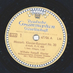Wilhelm Kempff - Mozart: Klavier-Konzert Nr. 20 d-moll, K.-V. 466 (3 Records)