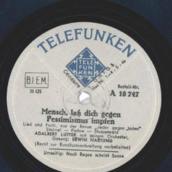 Adalbert Lutter Mit Seinem Orchester, Erwin Hartung ? Mensch, La Dich Gegen Pessimismus Impfen / Nachm Regen Scheint Sonne